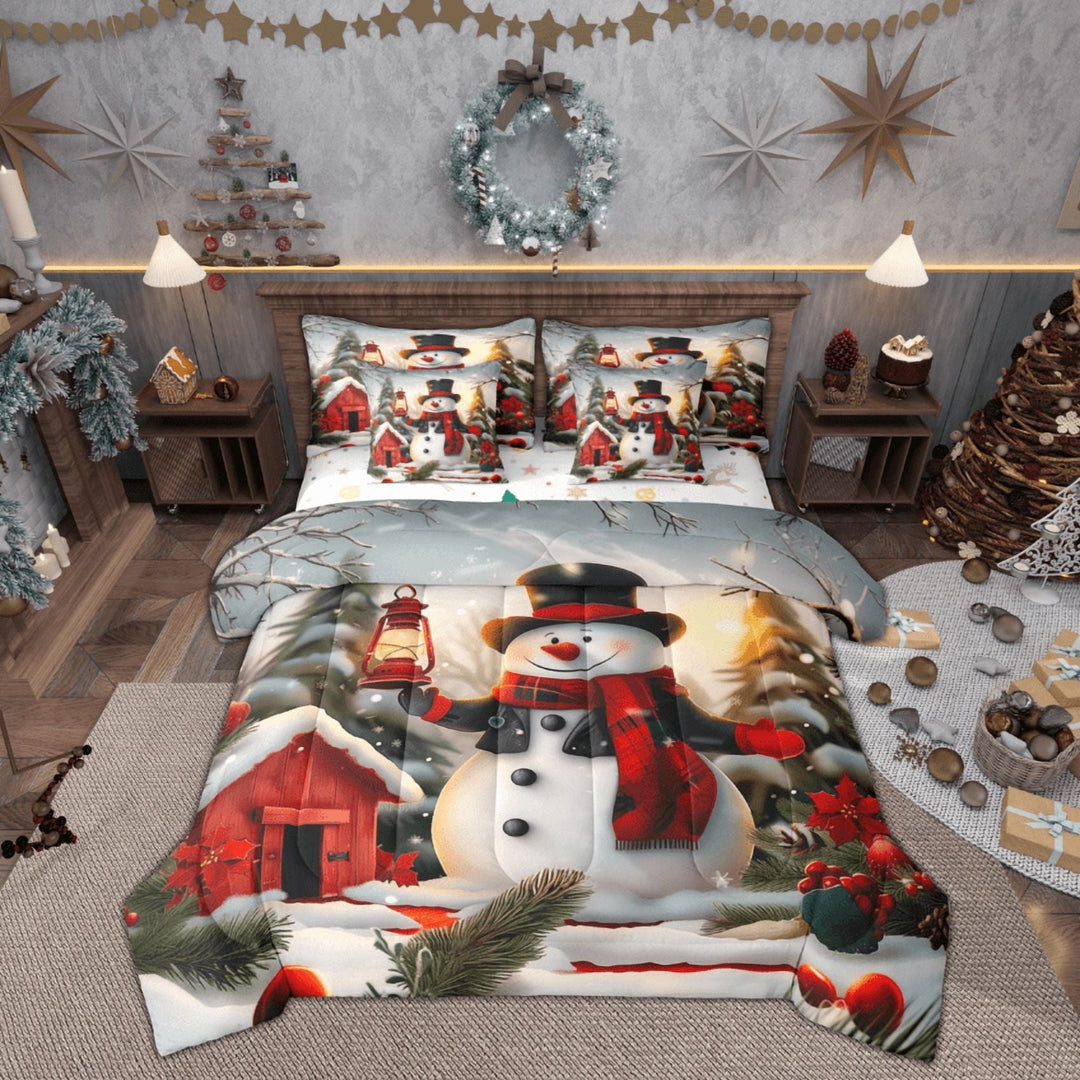 Feelyou Kawaii Cartoon Snowman Twin Bedding Sets 7-Piece, Red Cabin Rustic Bedding Comforter Set, Merry Christmas Reversible Sheet Sets, Microfiber Bedroom Decor