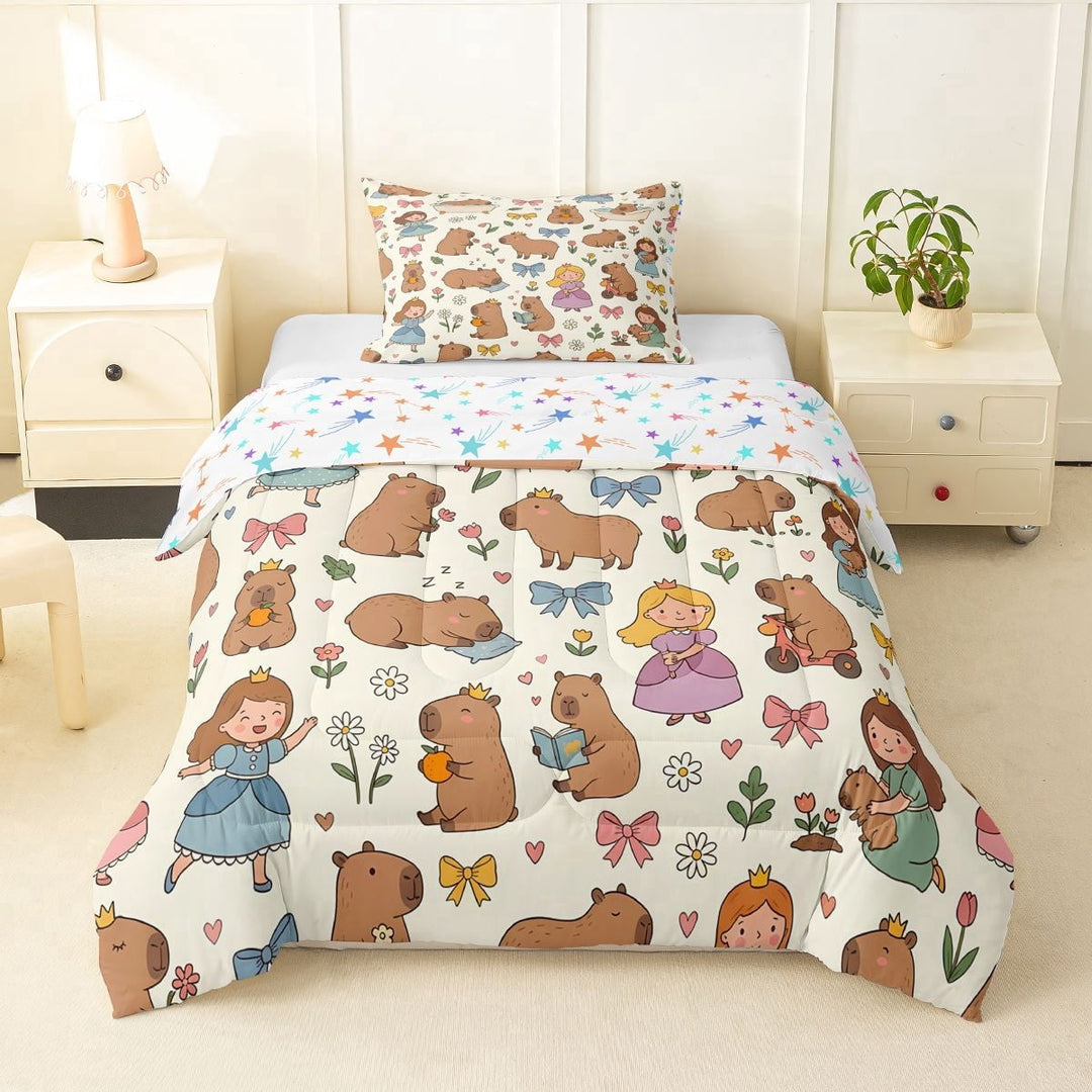 Erosebridal Kawaii Animal Capybara Twin Comforter Sets 3-Piece For Boys Girls,Kids Cute Princess Bowknot Bedding Set,Microfiber Bedroom Decor