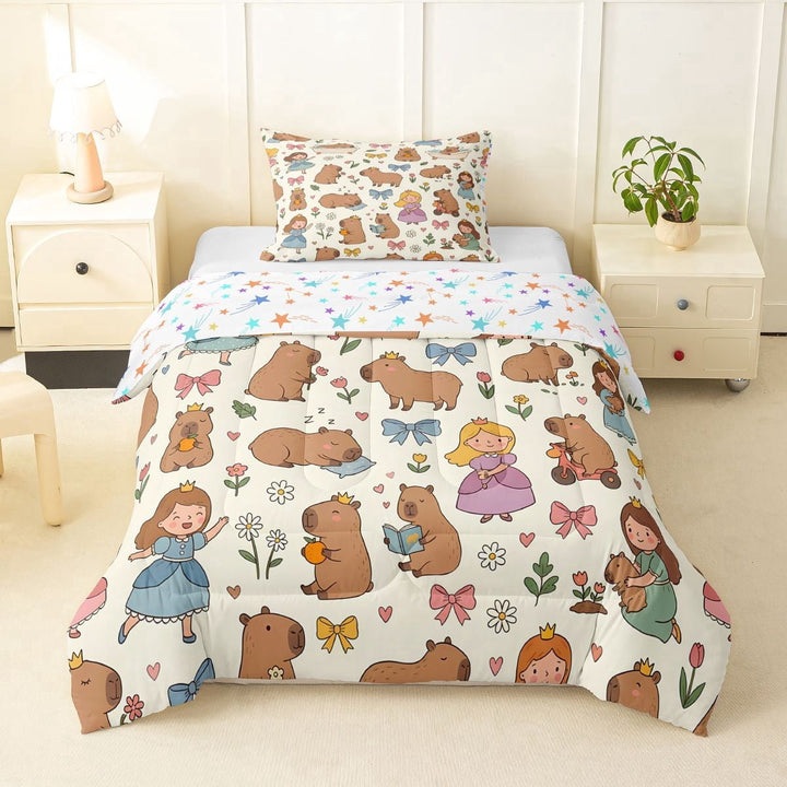 Erosebridal Kawaii Animal Capybara Twin Comforter Sets 3-Piece For Boys Girls,Kids Cute Princess Bowknot Bedding Set,Microfiber Bedroom Decor