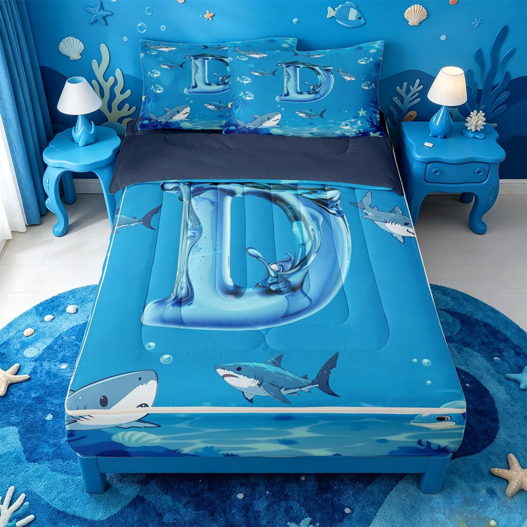 meiyoeat Sea Themed Monogram D Zipper Twin Comforter Sets with Fitted Sheet and 2 Pillowcases For Boys,Ocean Animal Shark Zipper Bedding Set,Navy Blue Reversible,4 Pieces