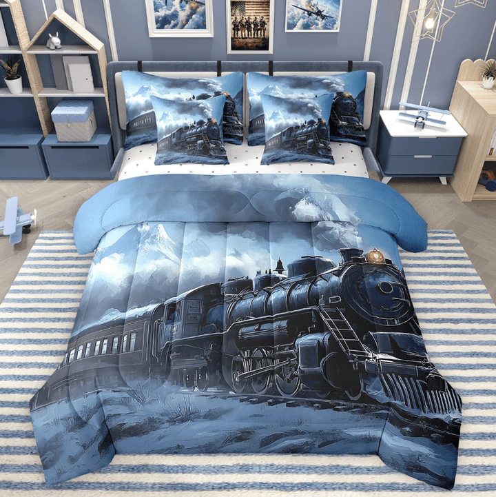 Erosebridal Black Train Bed in a Bag Queen size 7 Pieces, Steam Engine Bed Set, Black Blue, Reversible