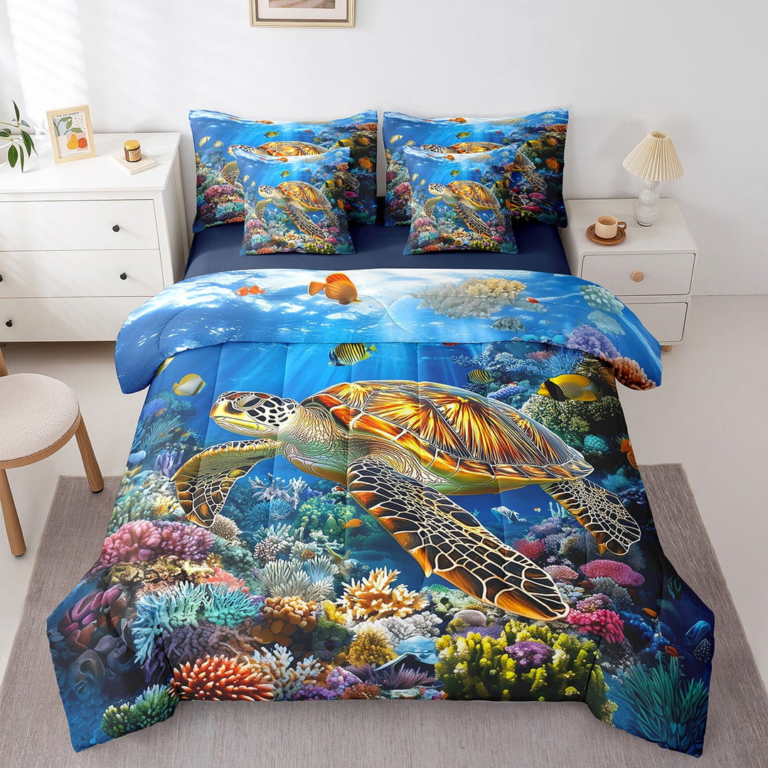 Erosebridal Sea Turtle Comforter Set Twin 7 Pcs 3D Ocean Reptile Animal Sea Creatures Bedding Set Marine life Sealife Underwater World Bed in a Bag with Comforter,Sheets