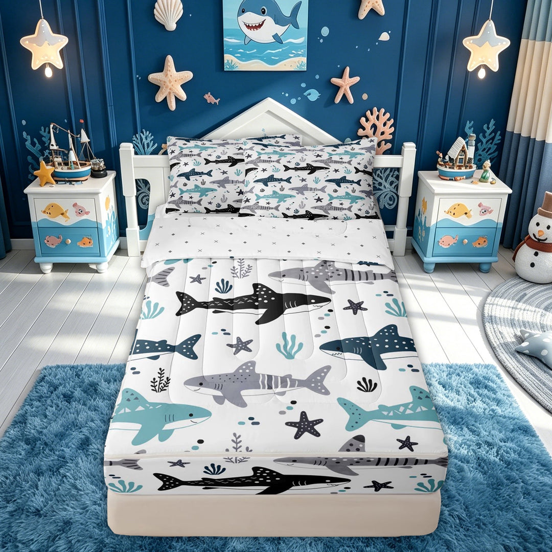 meiyoeat White Stars Shark Zipper Twin Comforter Sets with Fitted Sheet and 2 Pillowcases for Kids Boys Girls, Cute Underwater Marine Wildlife Zipper Bedding Set, Blue White, Reversible, 4 Pieces
