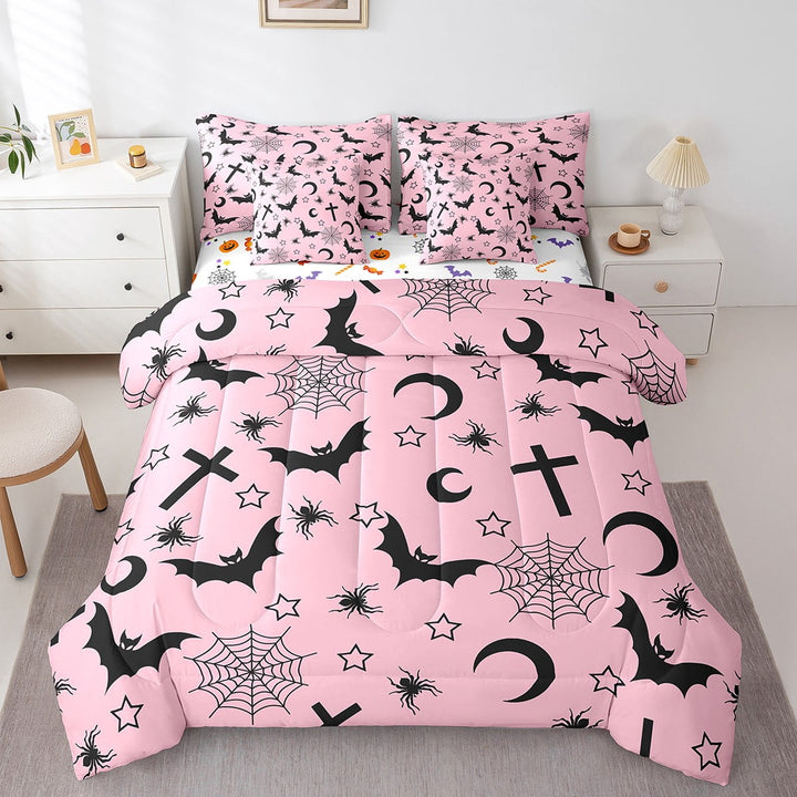 Halloween Bats Bed in a Bag King Size Comforter Set 7 Pieces,Gothic Bedding Set Stars Moon Silhouette Sheet Set with Comforter,Tombstones Halloween Decor Cobwebs Halloween Decorations,Black Pink