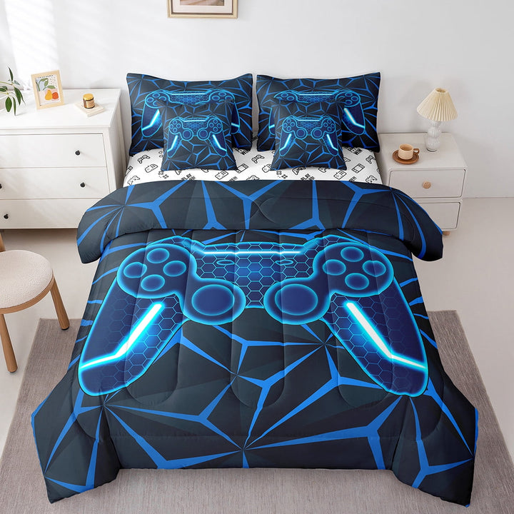 Erosebridal Gradient Gamepad Bedding Sets Full Size, Blue Comforter Sets with Sheets, Neon Geometric Decor, Reversible 7-Piece