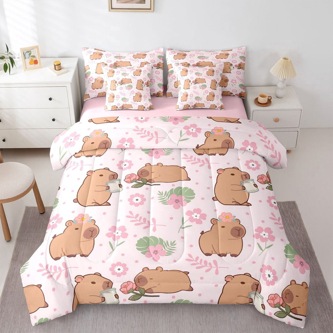 Erosebridal Cute Capybara Twin Bedding Sets 7-Piece For Teens,Cartoon Flowers Leaves Animal Bedding Comforter Set For Kids Boy Girls,Pink Reversible