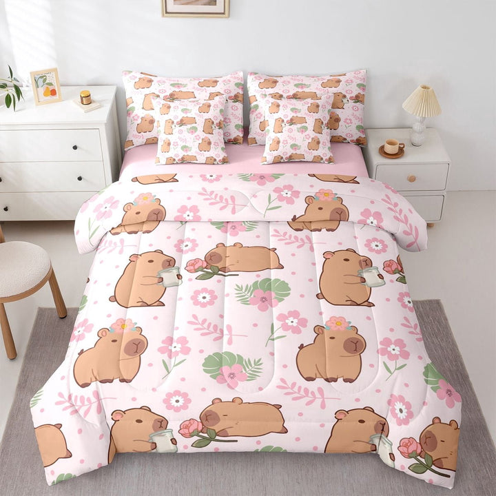 Erosebridal Cute Capybara Twin Bedding Sets 7-Piece For Teens,Cartoon Flowers Leaves Animal Bedding Comforter Set For Kids Boy Girls,Pink Reversible