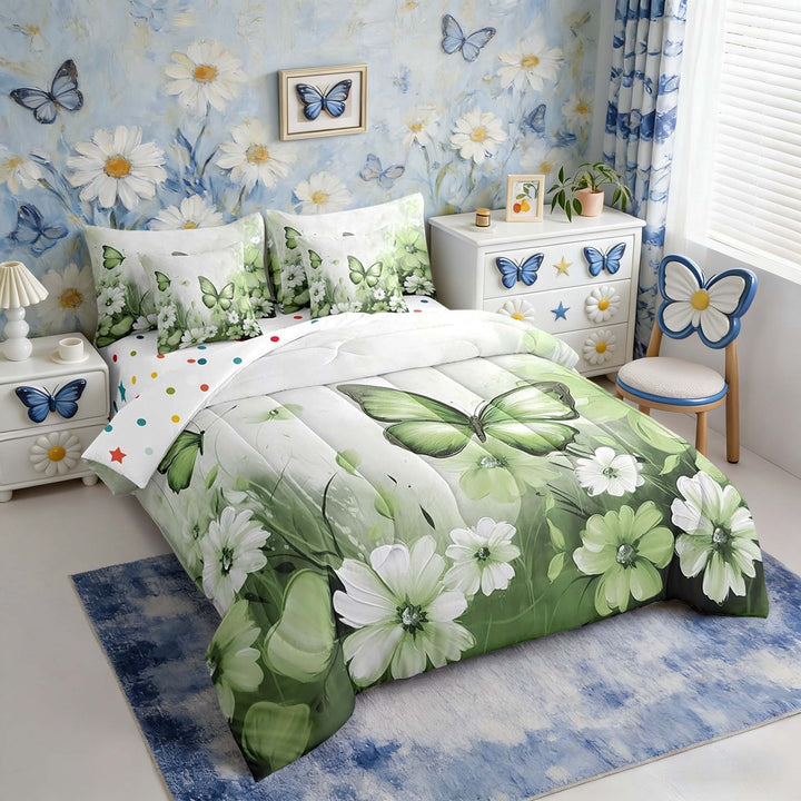 Butterfly Flowers Bed in a Bag Queen Comforter Set 7 Piece,Light Green Ombre Art Oil Painting Floral Bedding Sets Rustic Aesthetic Animal Daisy Flower Sheet Set with Comforter