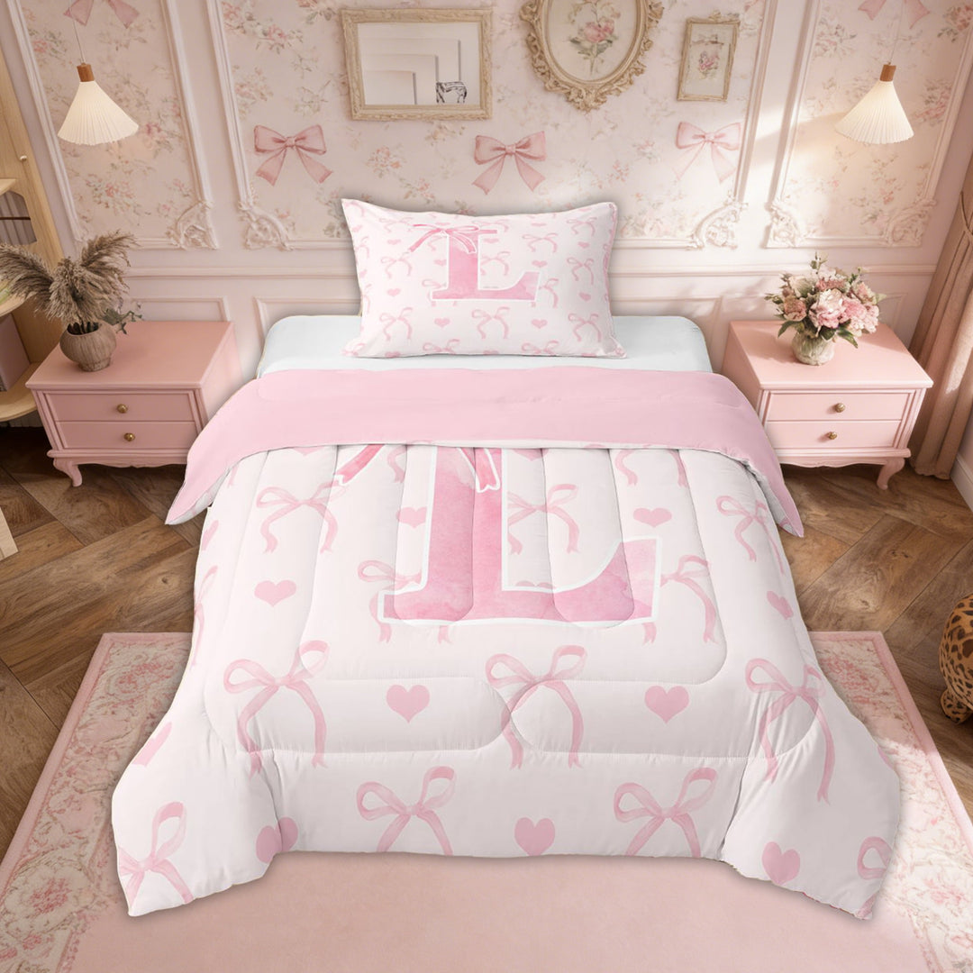 Erosebridal Initial A-Z Bedding Sets Twin with Comforter, Initial Letter L Duvet Insert, Girly Fairly Bow Decor, Reversible 2pcs
