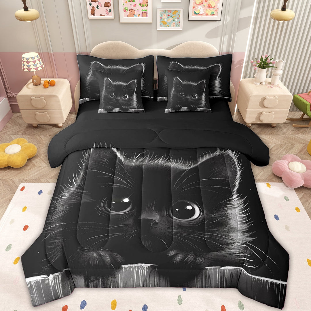 Erosebridal Black Kitten Cat Twin Bedding Sets for Kid, 3D Animal Print Bedding Comforter Set, 7 Pieces