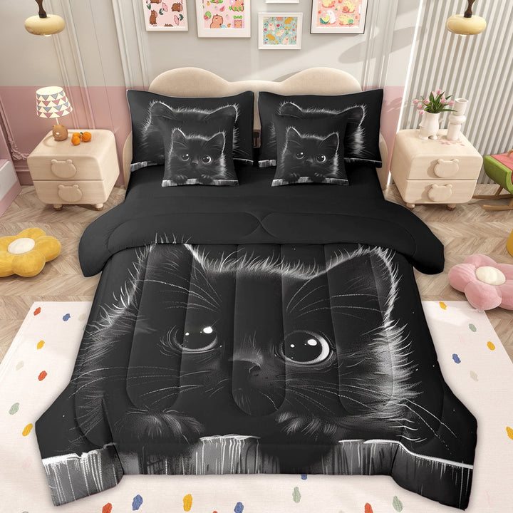 Erosebridal Black Kitten Cat Twin Bedding Sets for Kid, 3D Animal Print Bedding Comforter Set, 7 Pieces