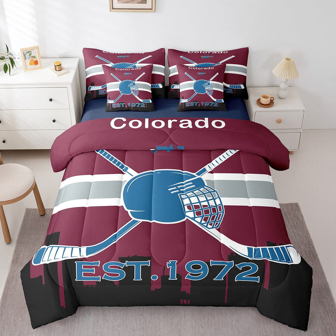 Hockey 7 Pieces Bedding Set Winter Sports Twin Comforter Set with Sheets Room Decor Ice Hockey Bed in a Bag Bed Set Hockey Team Bedding for Bedroom,Colorado