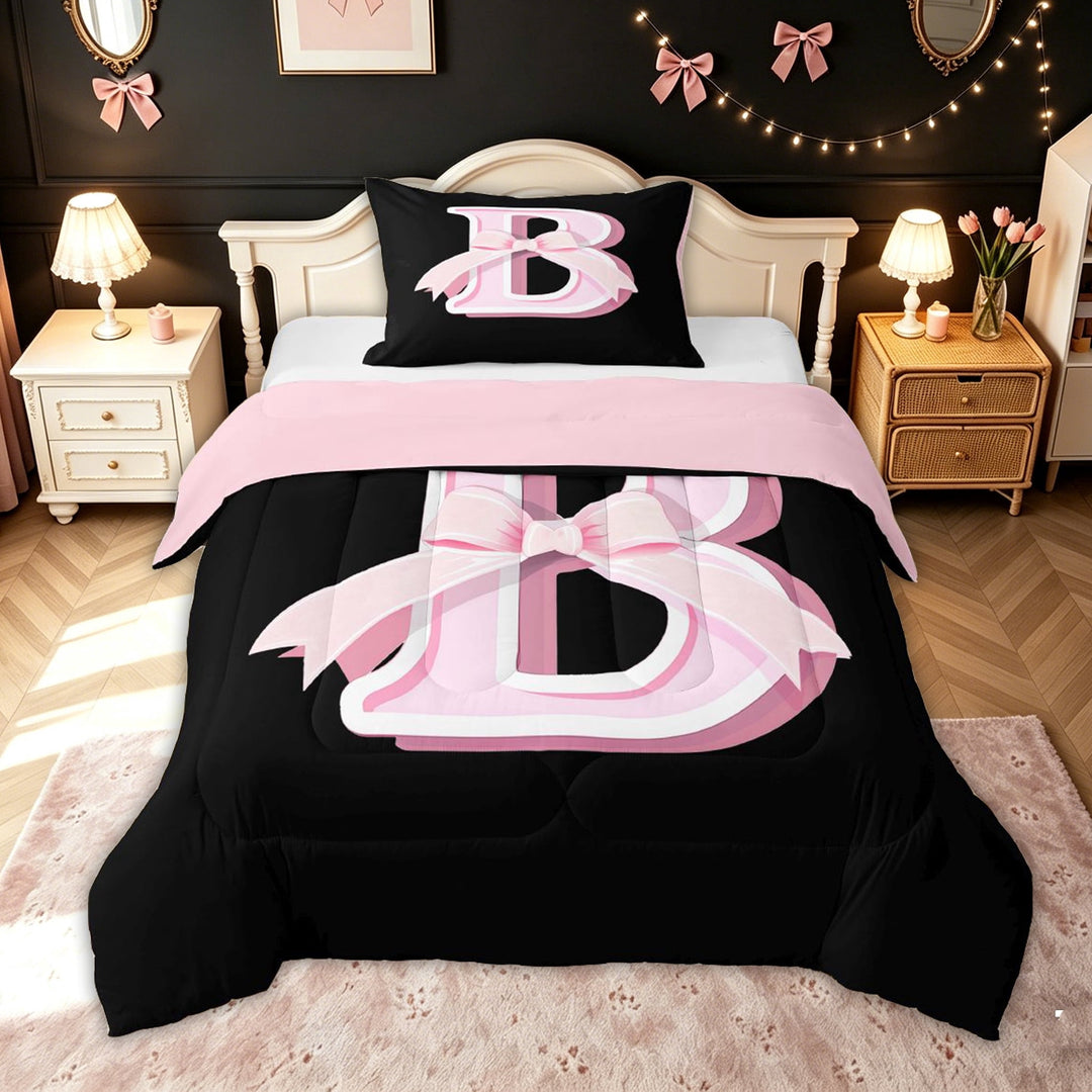 meiyoeat Princess Letter B Print Full Size Comforter Sets for Kids Girls, Girly Bow Monogram Bedding Comforter Set, Black Pink, Pink Reversible, 3-Piece