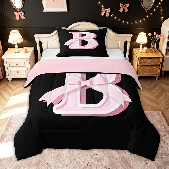 meiyoeat Princess Letter B Print Full Size Comforter Sets for Kids Girls, Girly Bow Monogram Bedding Comforter Set, Black Pink, Pink Reversible, 3-Piece