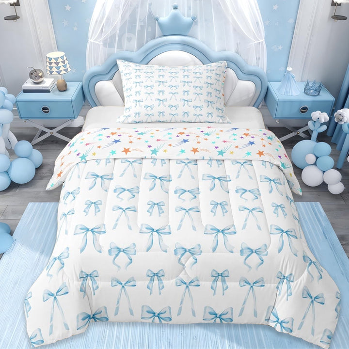 Erosebridal White Blue Bow Twin 2-Piece Reversible Girls Comforter Set