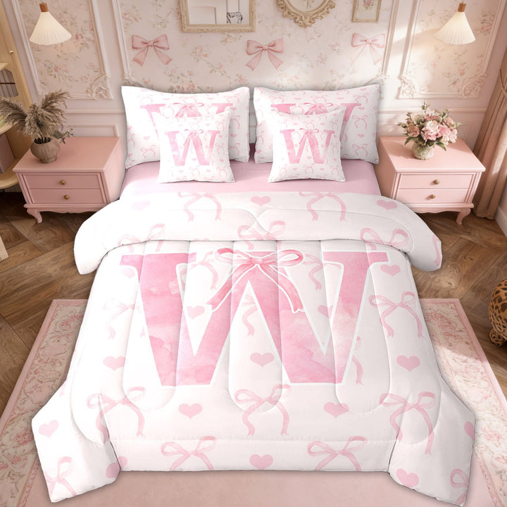 Erosebridal Initial Letter W Bedding Sets Twin Size, Dreamy Bow Love Comforter Sets with Sheets, Girly Romantic Decor, Reversible 7pcs