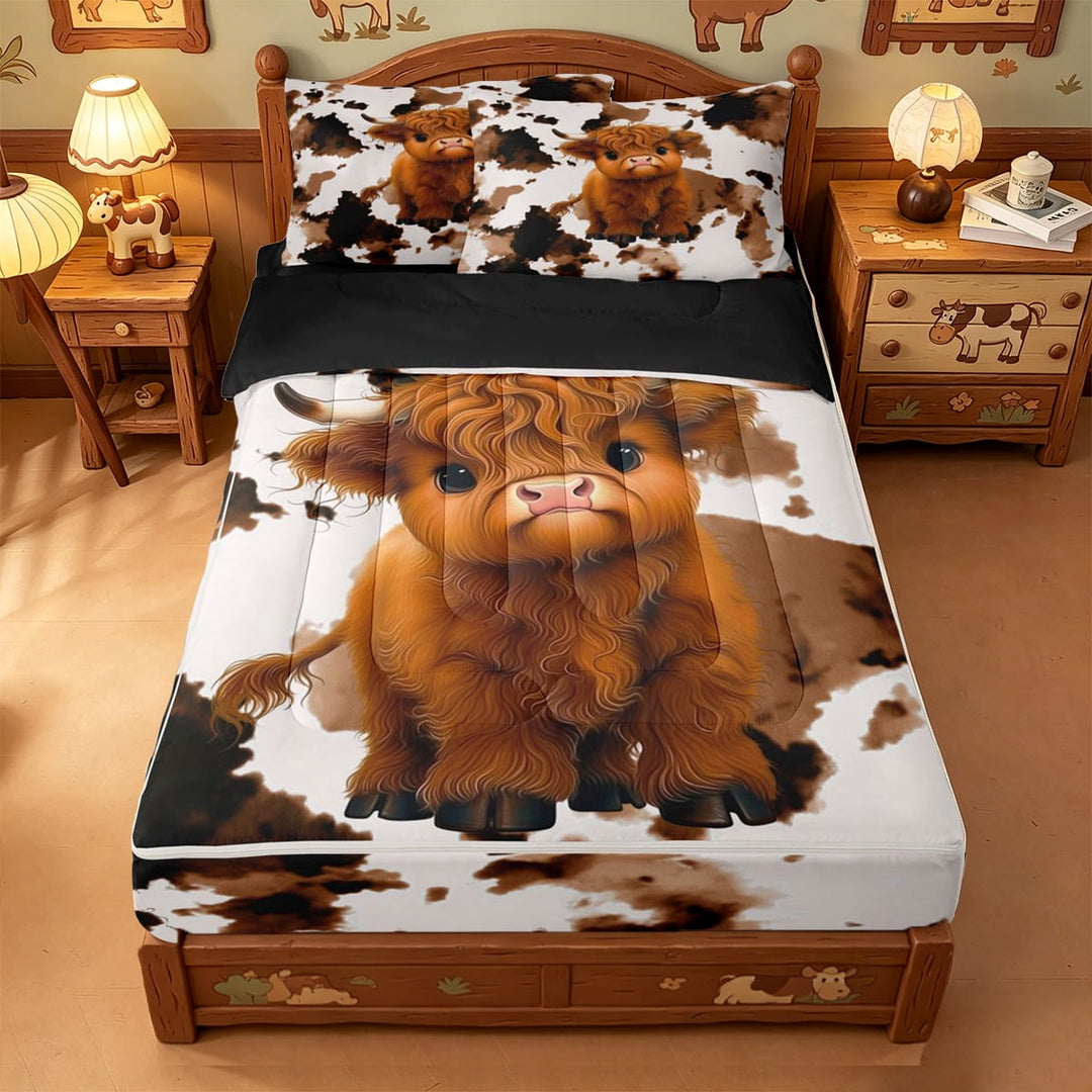 meiyoeat Highland Cow Cowhide Zipper Full Size Comforter Sets with Fitted Sheet and 2 Pillowcases,Farm Animal Print Zipper Bedding Set For Girl,Reversible,4 Pieces