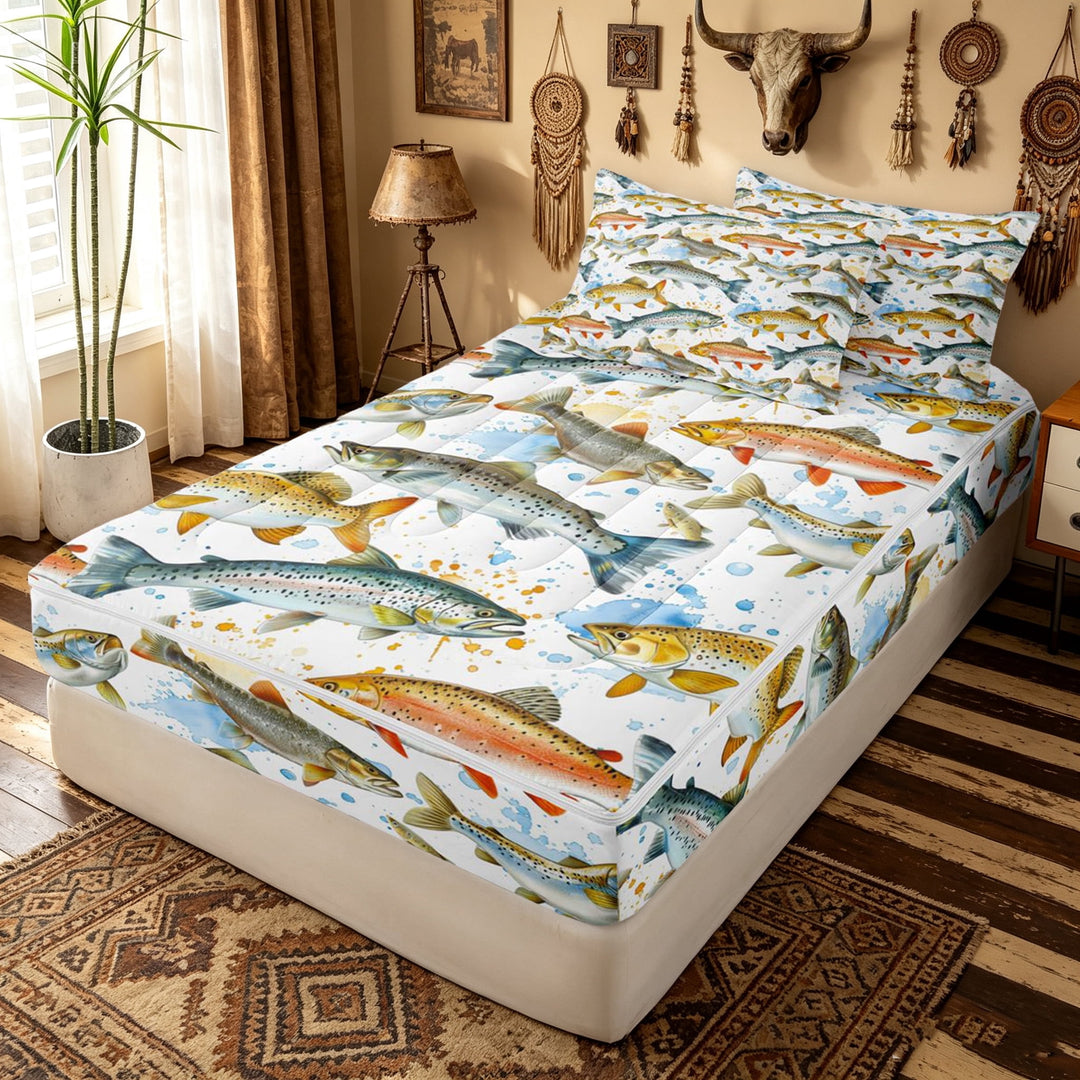 meiyoeat Watercolor Spotted Fish Splash Zipper Twin Comforter Sets with Fitted Sheet and 2 Pillowcases for Boys Girls, Lake Ocean Wildlife Zipper Bedding Set, Grey Reversible, 4 Pieces