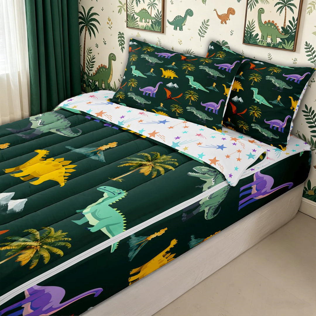 meiyoeat Cute Dinosaur Zipper Twin Comforter Sets with Fitted Sheet and 2 Pillowcases for Kids Boys, Green Prehistoric Animal Zipper Bedding Set for Bedroom, Colorful Star ReversibleB
