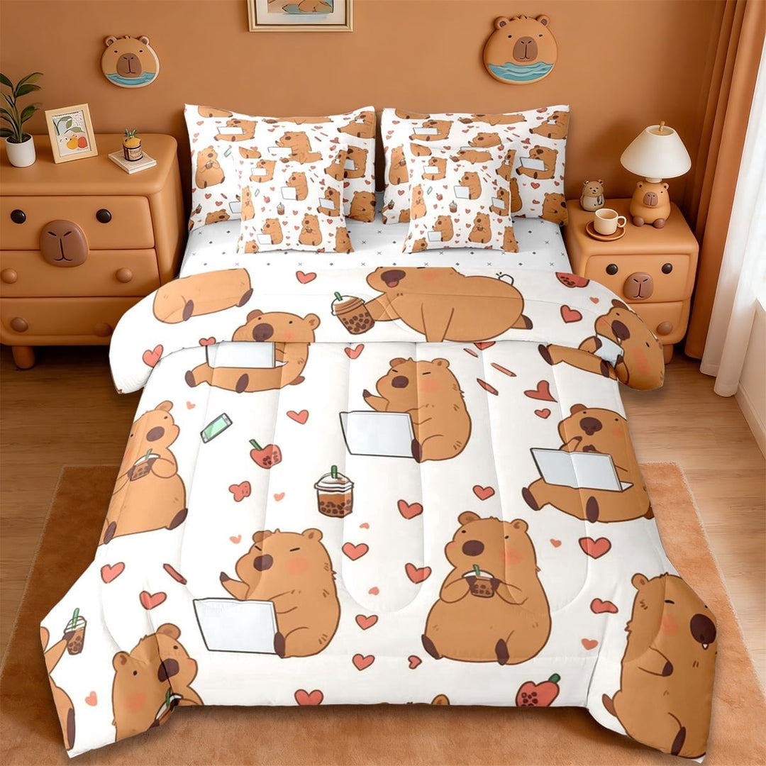 Erosebridal Capybara 7-Piece Twin Bedding Sets For Capybara Lover,Red Cartoon Lovers Pattern Bedding Comforter Set For Kids Girls Reversible