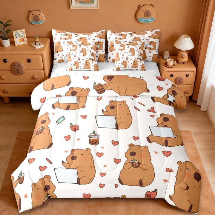 Erosebridal Capybara 7-Piece Twin Bedding Sets For Capybara Lover,Red Cartoon Lovers Pattern Bedding Comforter Set For Kids Girls Reversible