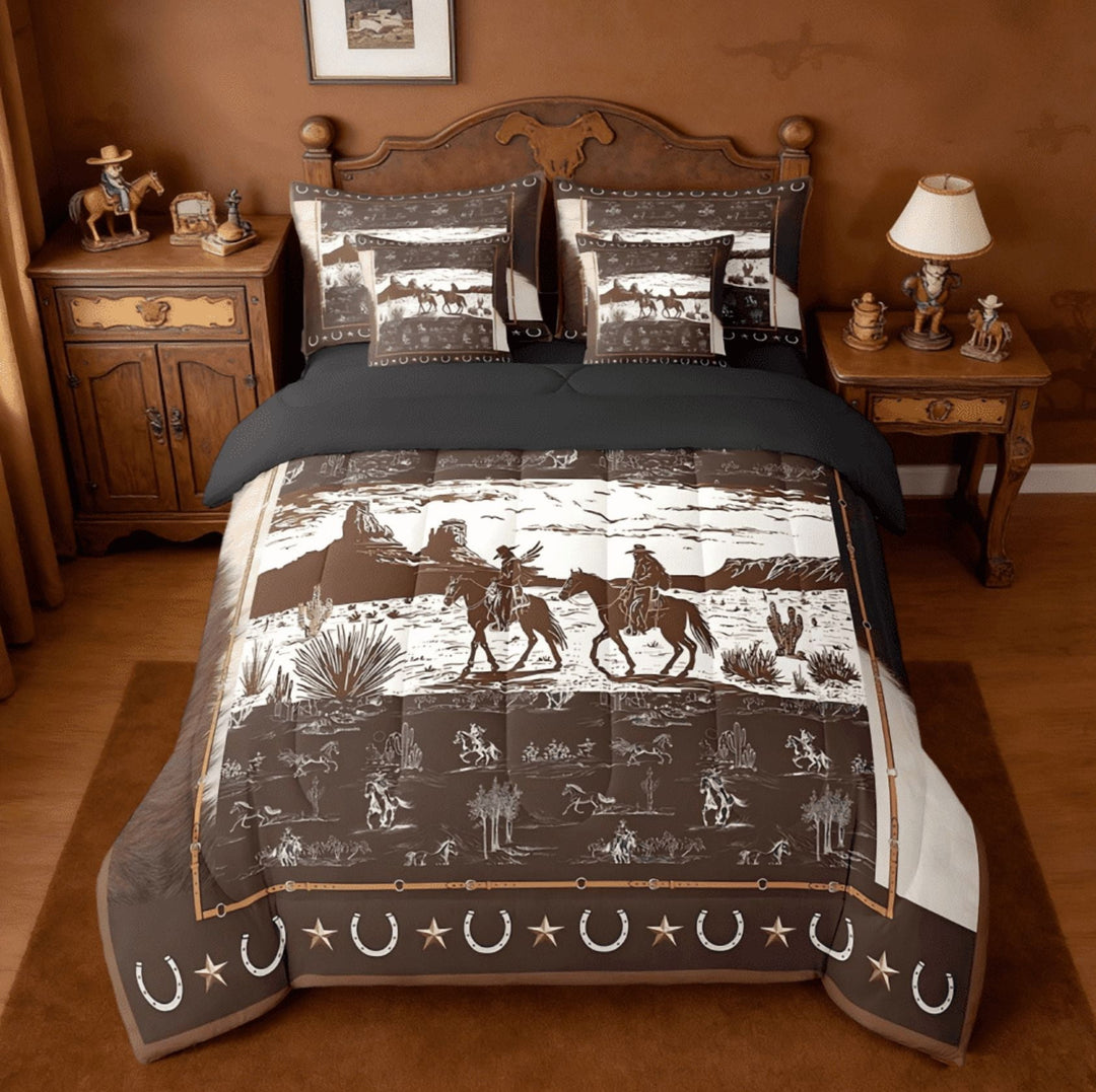 Manfei Western Aztec 7 Pieces Bedding Comforter Set,Rustic Horse Cowboy Full Bedding Set For Boys Men Kids,Retro Texas Star Reversible