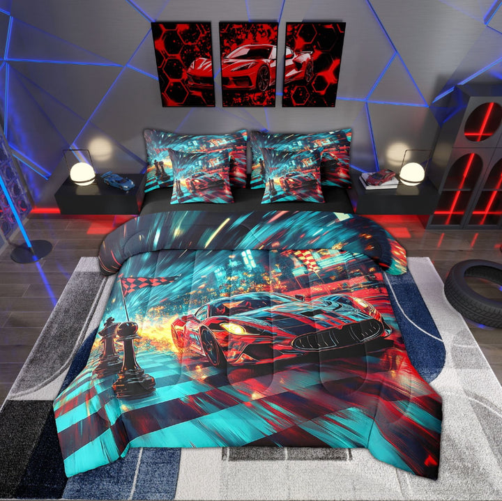 Erosebridal Race Car Full Bedding Set Sports Car Comforter Set With Sheets Teen,Car Racing Games 7 Piece Bed In A Bag Geometric Checkered Flag Bed Set Red Blue Race Car Room Decor