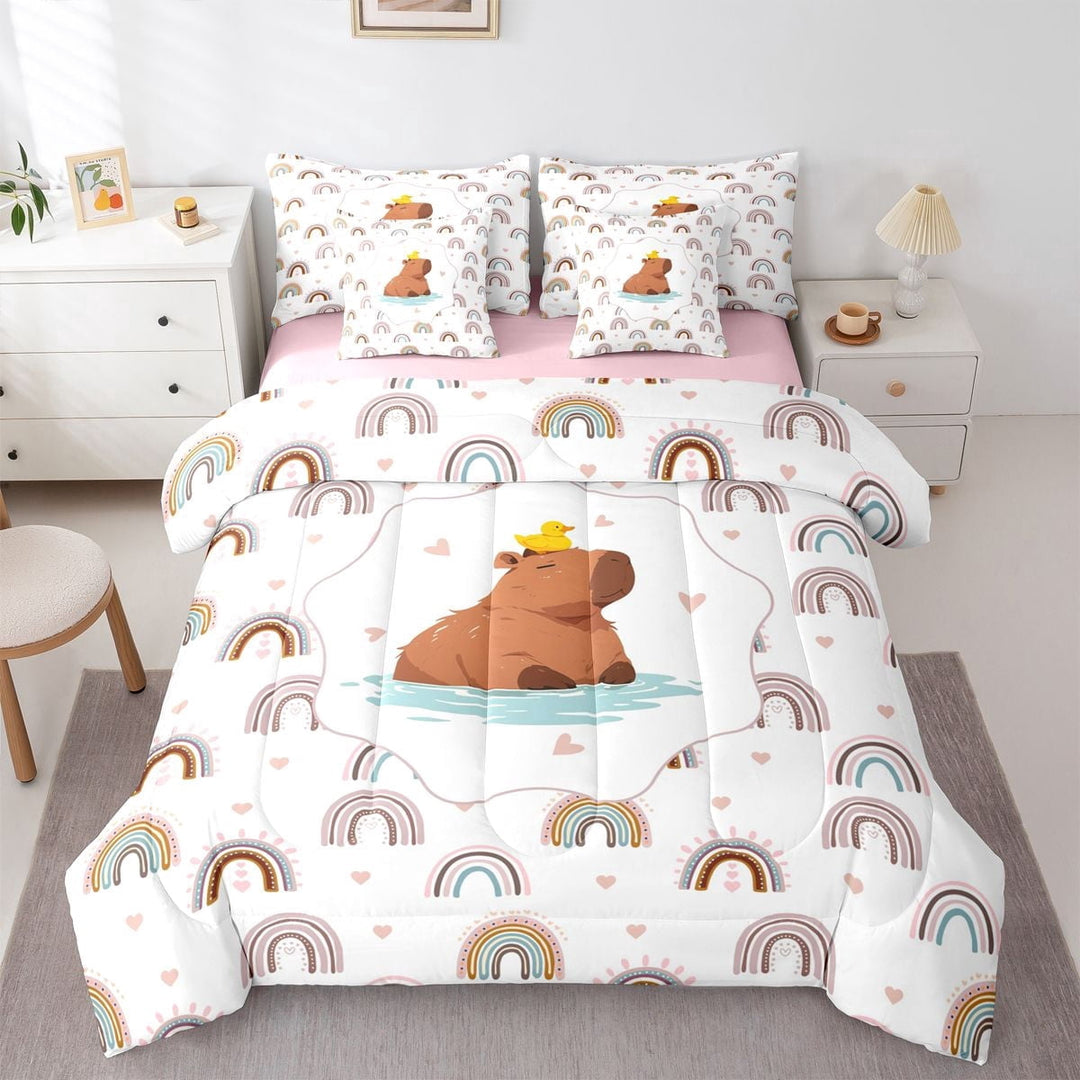 Erosebridal Animal Capybara Duck Twin Bedding Sets 7-Piece For Child Boys Girls,Kids Cartoon Rainbow Bedding Comforter Set,Pink Reversible