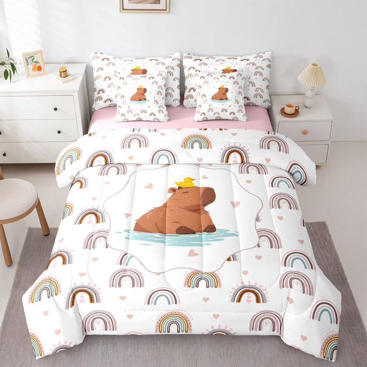 Erosebridal Animal Capybara Duck Twin Bedding Sets 7-Piece For Child Boys Girls,Kids Cartoon Rainbow Bedding Comforter Set,Pink Reversible