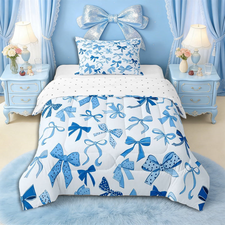 Erosebridal Girls Cartoon Bowknot Twin Comforter Sets 3-Piece,Dreamy Princess Bow Bedding Set for Teens Women,Ultra Soft Home Decor