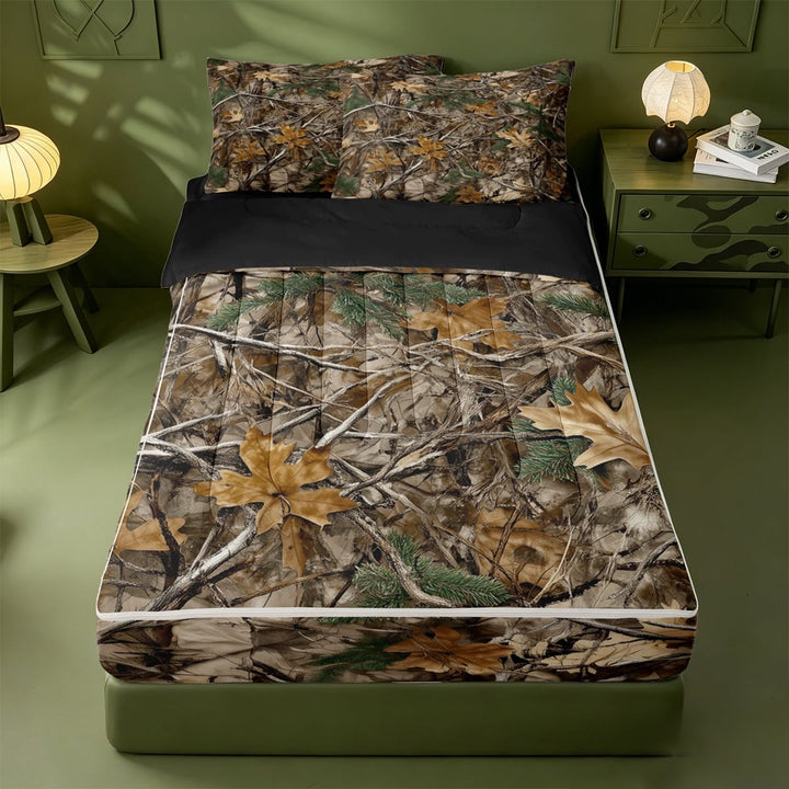 meiyoeat Neutral Camouflage Pattern Zipper Twin Comforter Sets with Fitted Sheet and 2 Pillowcases,Retro Camo Hunting Zipper Bedding Set For Men Women,Black Reversible,4 Pieces