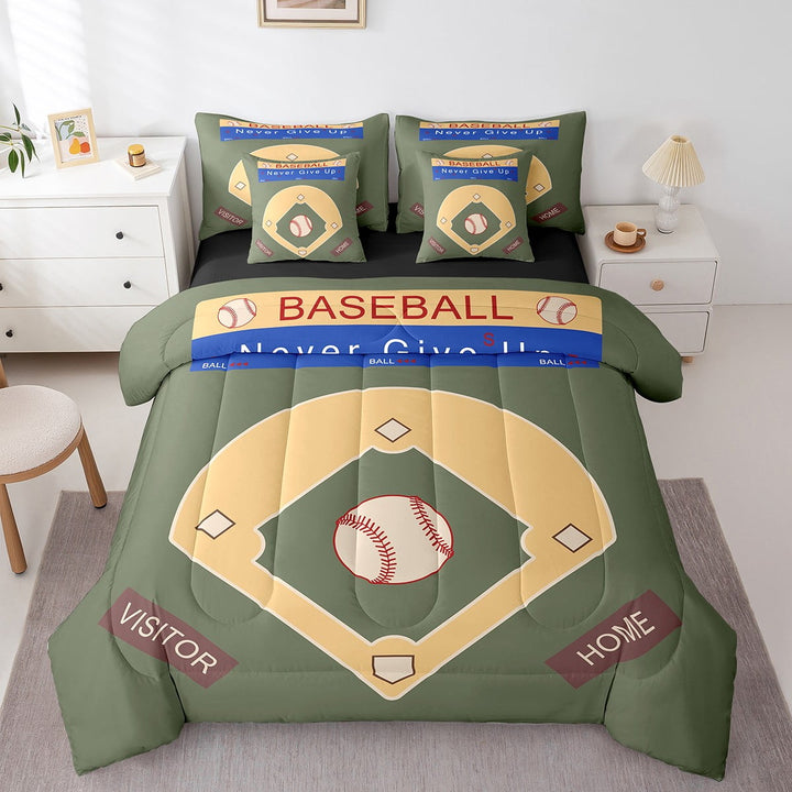 Baseball Print 7 Pieces Bedding Set Teens Twin Size Sports Games Themed Comforter Retro Style Sheet Set Court Home Decor Bed Set,Green Yellow