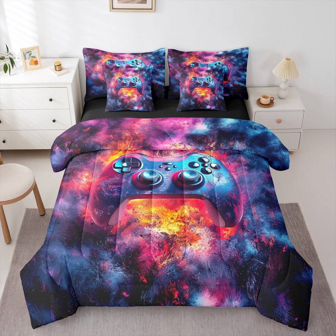 Gaming Bed in a Bag 7 Pcs Teen Video Game Bedding Sets Twin Colorful Tie-Dye Comforter Set with Sheets Gamepad Pattern 3D Bed Set Cool Gamer Sheet Set for All Season