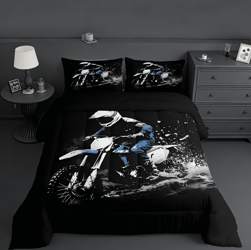 Manfei Dirt Bike Full Size Comforter Sets,Racing Themed Dirt Bike Racing Motocross Bedding Sets For Kids Boys Girls Motorbike Lover Reversible 3pcs