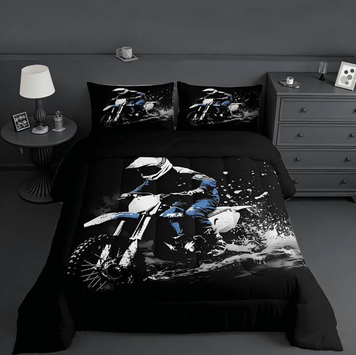 Manfei Dirt Bike Full Size Comforter Sets,Racing Themed Dirt Bike Racing Motocross Bedding Sets For Kids Boys Girls Motorbike Lover Reversible 3pcs