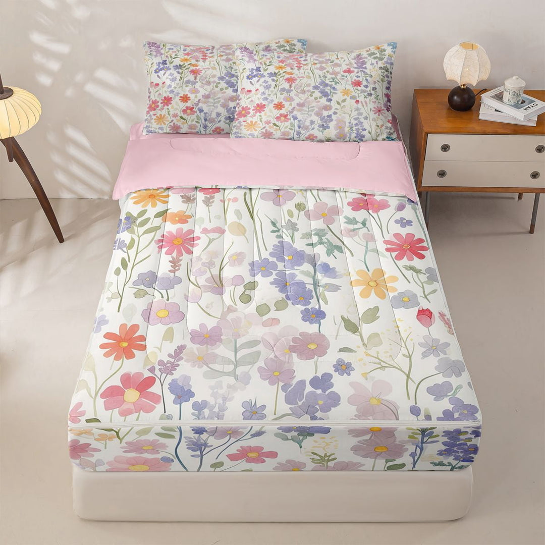 meiyoeat Watercolor Wildflower Zipper Full Size Comforter Sets with Fitted Sheet and 2 Pillowcases for Kids Girls, Pastel Botanical Floral Zipper Bedding Set, Multicolor White, Pink ReversibleG