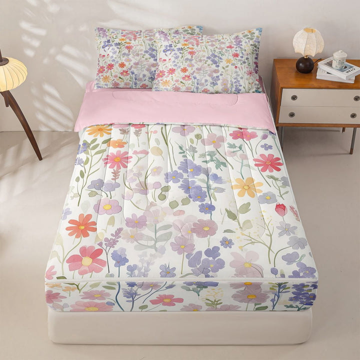 meiyoeat Watercolor Wildflower Zipper Full Size Comforter Sets with Fitted Sheet and 2 Pillowcases for Kids Girls, Pastel Botanical Floral Zipper Bedding Set, Multicolor White, Pink ReversibleG