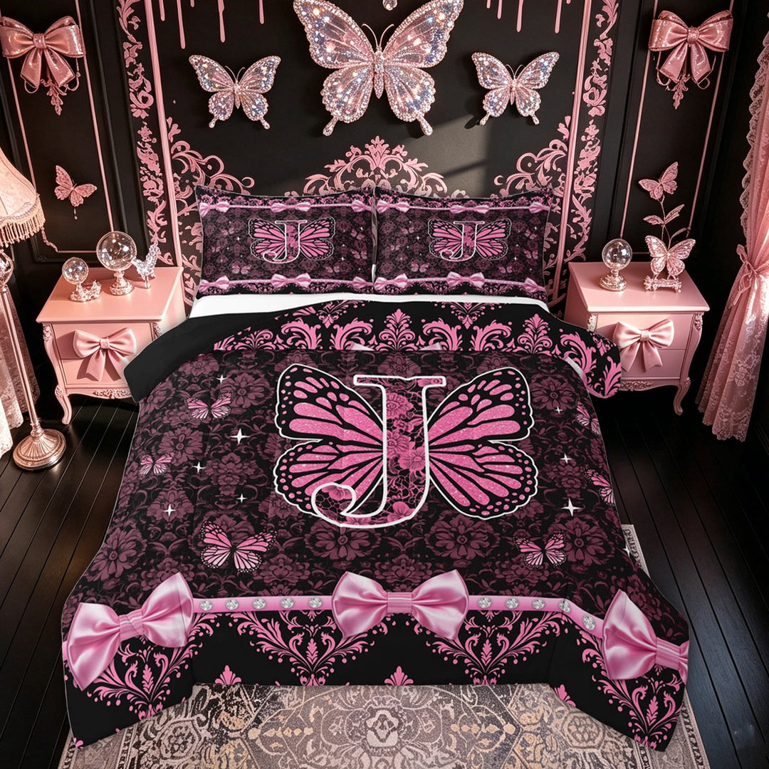 Meiyoeat Damask Bow Letter J King Size Comforter Sets for Women Girls, Pink Black Butterfly Wing Alphabet Bedding Sets, Black Reversible, 3-Piece