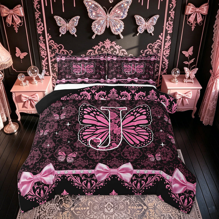 Meiyoeat Damask Bow Letter J King Size Comforter Sets for Women Girls, Pink Black Butterfly Wing Alphabet Bedding Sets, Black Reversible, 3-Piece