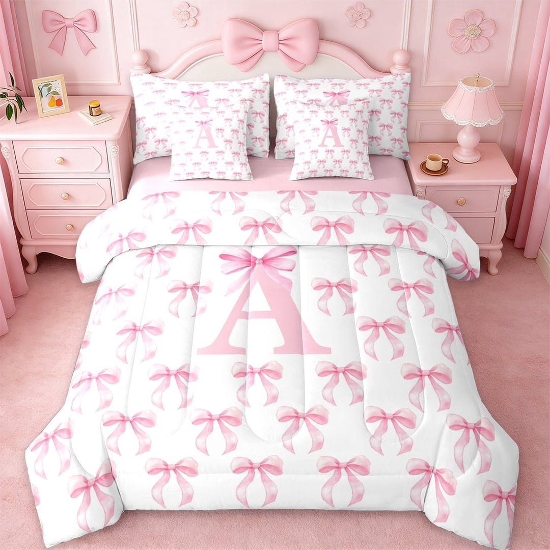 Erosebridal Pink Coquette Bow 7-Piece Twin Bedding Sets For Kids,Letter B Monogram Theme Bedding Comforter Set,Pink Reversible