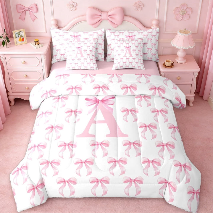 Erosebridal Pink Coquette Bow 7-Piece Twin Bedding Sets For Kids,Letter B Monogram Theme Bedding Comforter Set,Pink Reversible