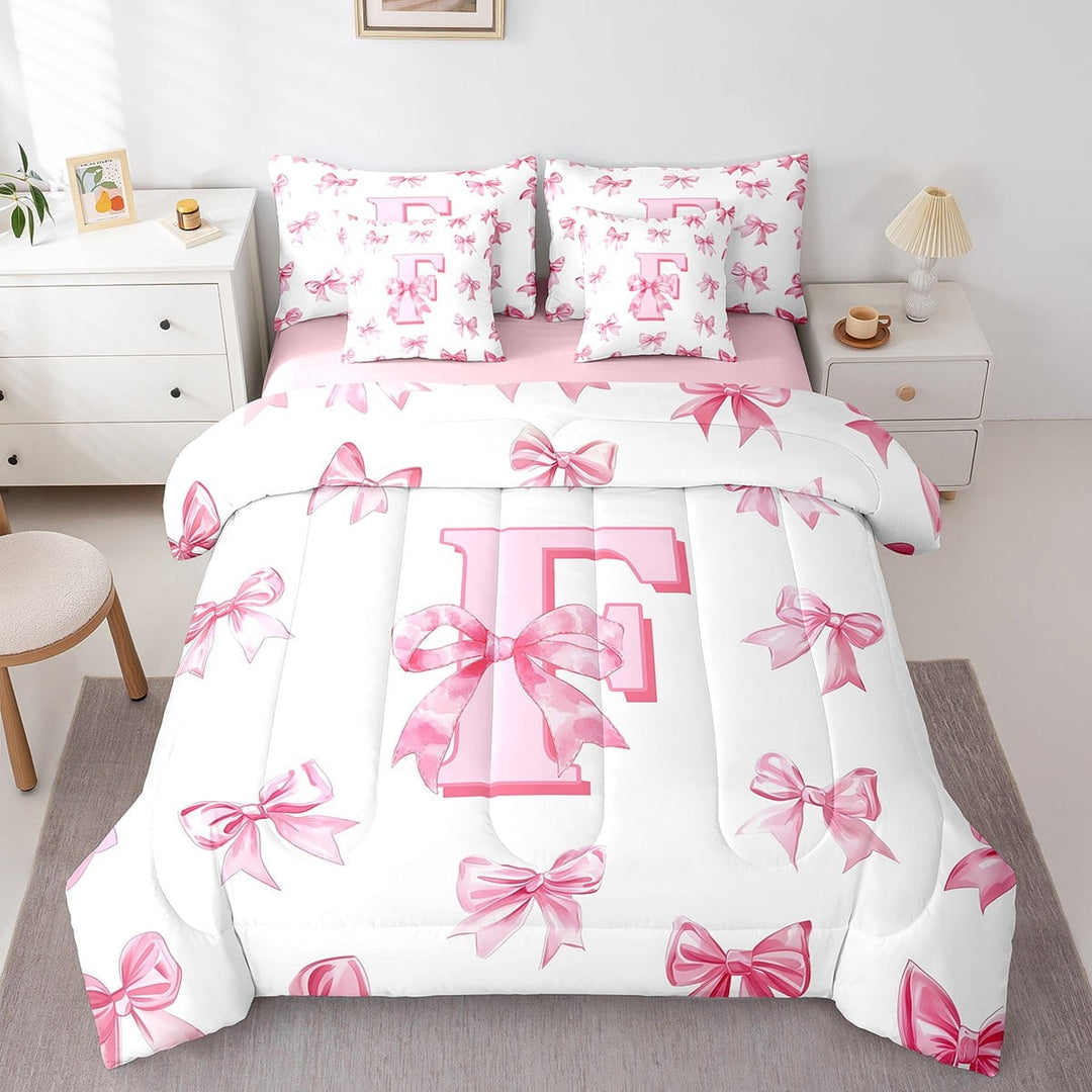 Erosebridal Girly Bowknot Initial Bedding Sets Twin Size,Dreamy Princess Comforter Sets with Sheets,Teens Bedroom Decor,Reversible,Breathable,7-Piece