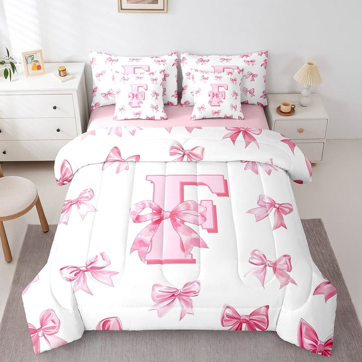 Erosebridal Girly Bowknot Initial Bedding Sets Twin Size,Dreamy Princess Comforter Sets with Sheets,Teens Bedroom Decor,Reversible,Breathable,7-Piece