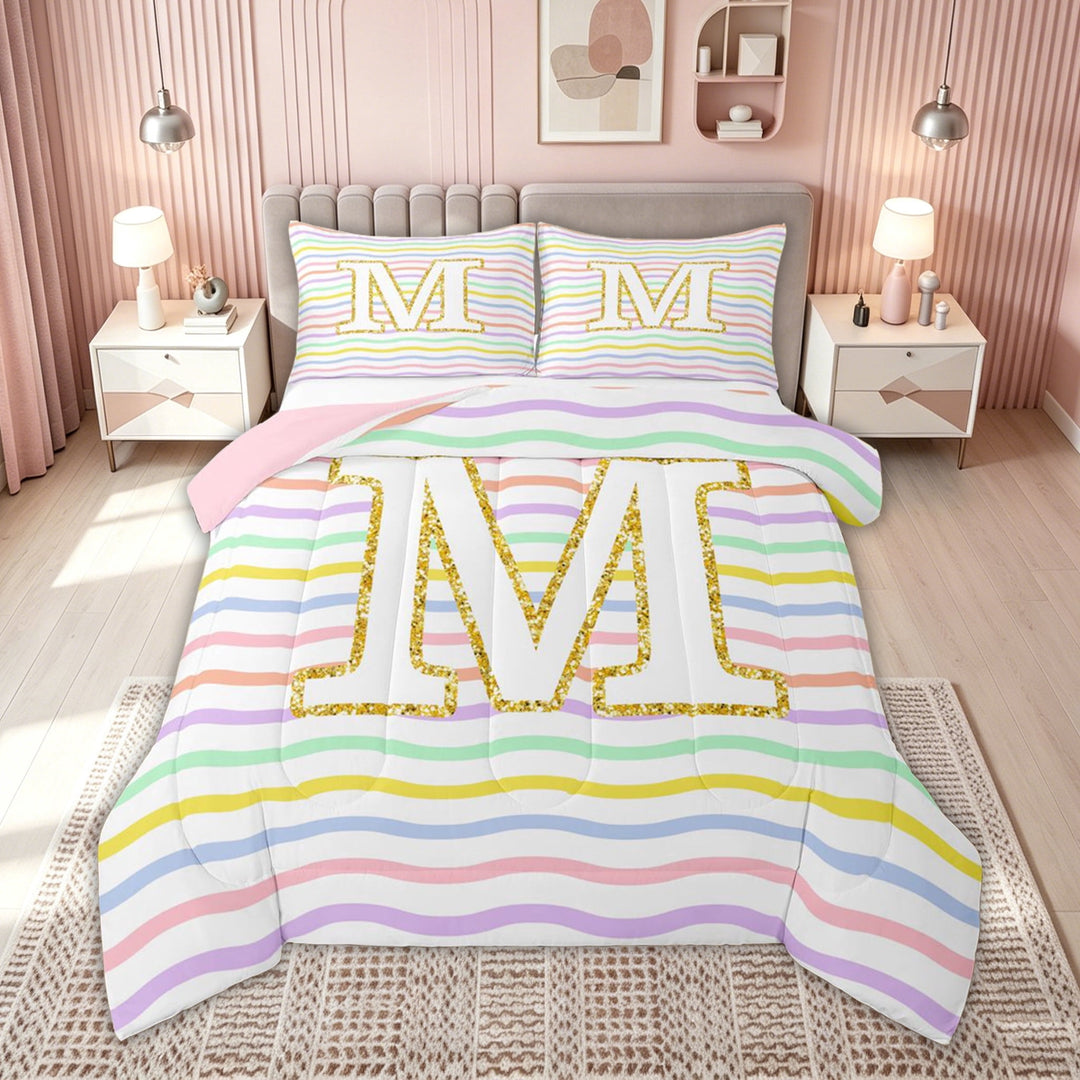 meiyoeat Glitter M Initial Full Size Comforter Sets for Girls Kids, Rainbow Stripe Monogram Bedding Comforter Set, Gold Pastel, Pink Reversible, 3 Pieces, 1 Comforter and 2 Pillowcases