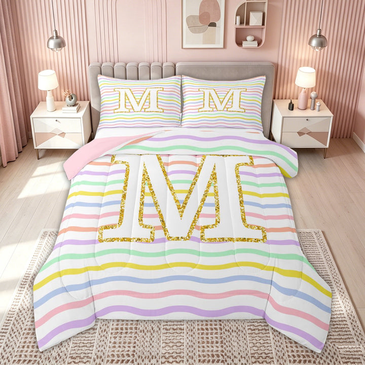 meiyoeat Glitter M Initial Full Size Comforter Sets for Girls Kids, Rainbow Stripe Monogram Bedding Comforter Set, Gold Pastel, Pink Reversible, 3 Pieces, 1 Comforter and 2 Pillowcases
