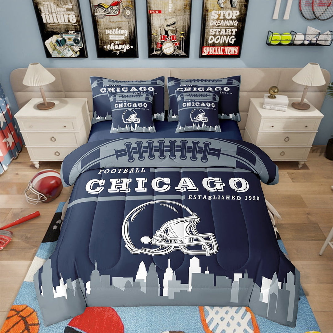 Football Bed in a Bag Full 7 Piece,Sports Bedding Sets,American Football Fans Bed Set Rugby Player Navy Blue Gray Comforter Set with Sheets Football Lovers Sheets (Chicago)