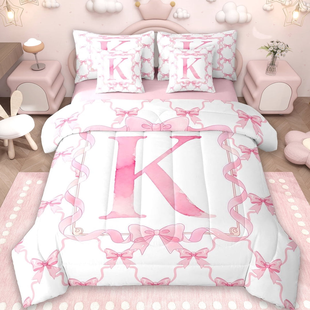Erosebridal Princess Ribbon Bowknot 7-Piece Twin Bedding Sets,Cartoon First Letter K Bedding Comforter Set For Kids Girls,Reversible pink