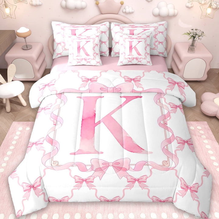 Erosebridal Princess Ribbon Bowknot 7-Piece Twin Bedding Sets,Cartoon First Letter K Bedding Comforter Set For Kids Girls,Reversible pink