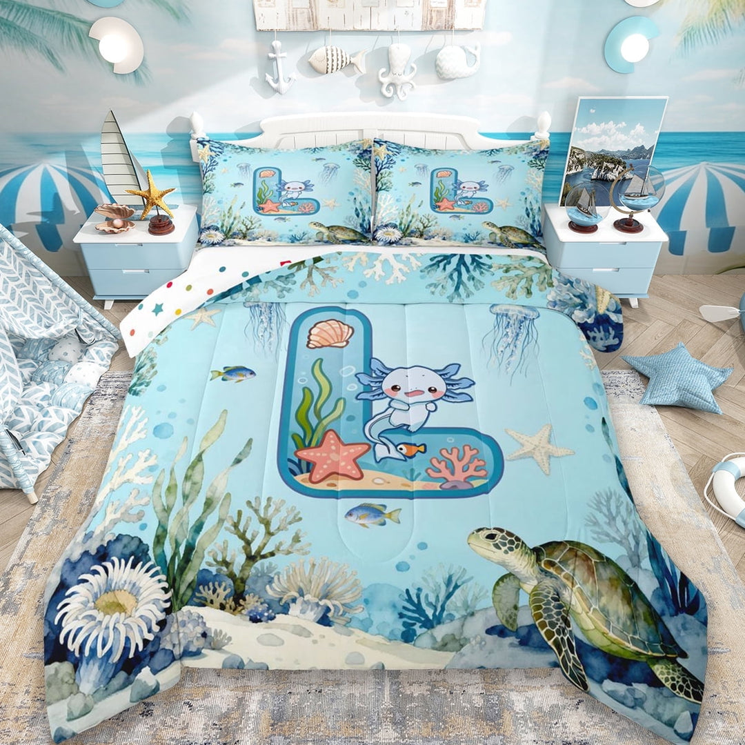 Erosebridal Letter L Monogrammed Full Size Comforter Sets,Kawaii Sea Animal Axolotl Turtle Bedding Sets For Kids Boys,Reversible 3-Piece