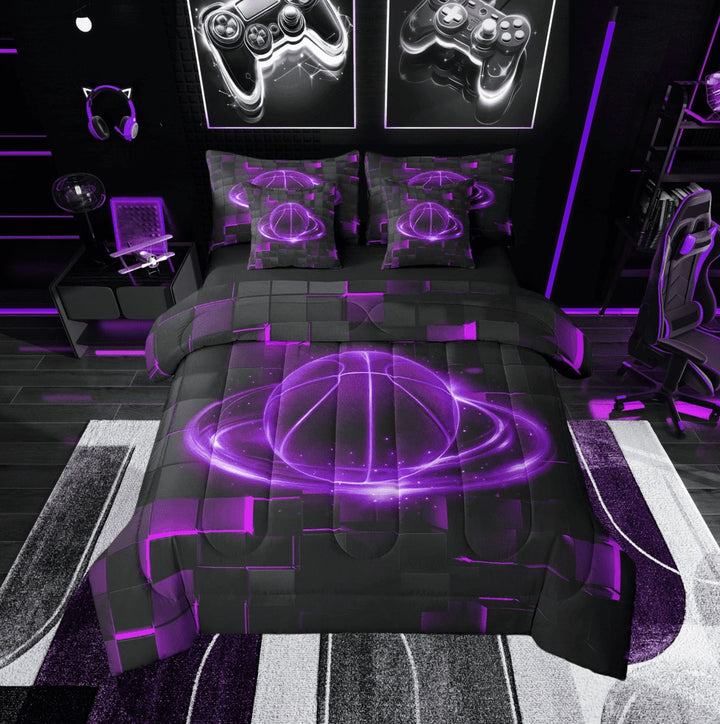 Purple Basketball 7 Pieces Twin Comforter Set,Ball Sport Bed in a Bag Comforter &amp; Sheet Set All Season,Geometry Bedding Sets with Comforter, Sheets, Pillowcases &amp; Shams